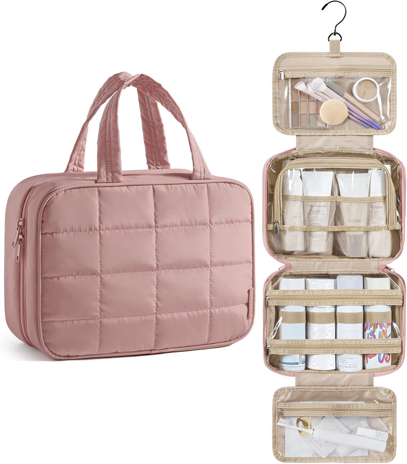 BAGSMART Travel Toiletry Bag for Women, Hanging Travel Bag for Toiletries, Puffy Makeup Cosmetic Bag Organizer, Carry-on Travel Accessories Essentials, Dark Pink