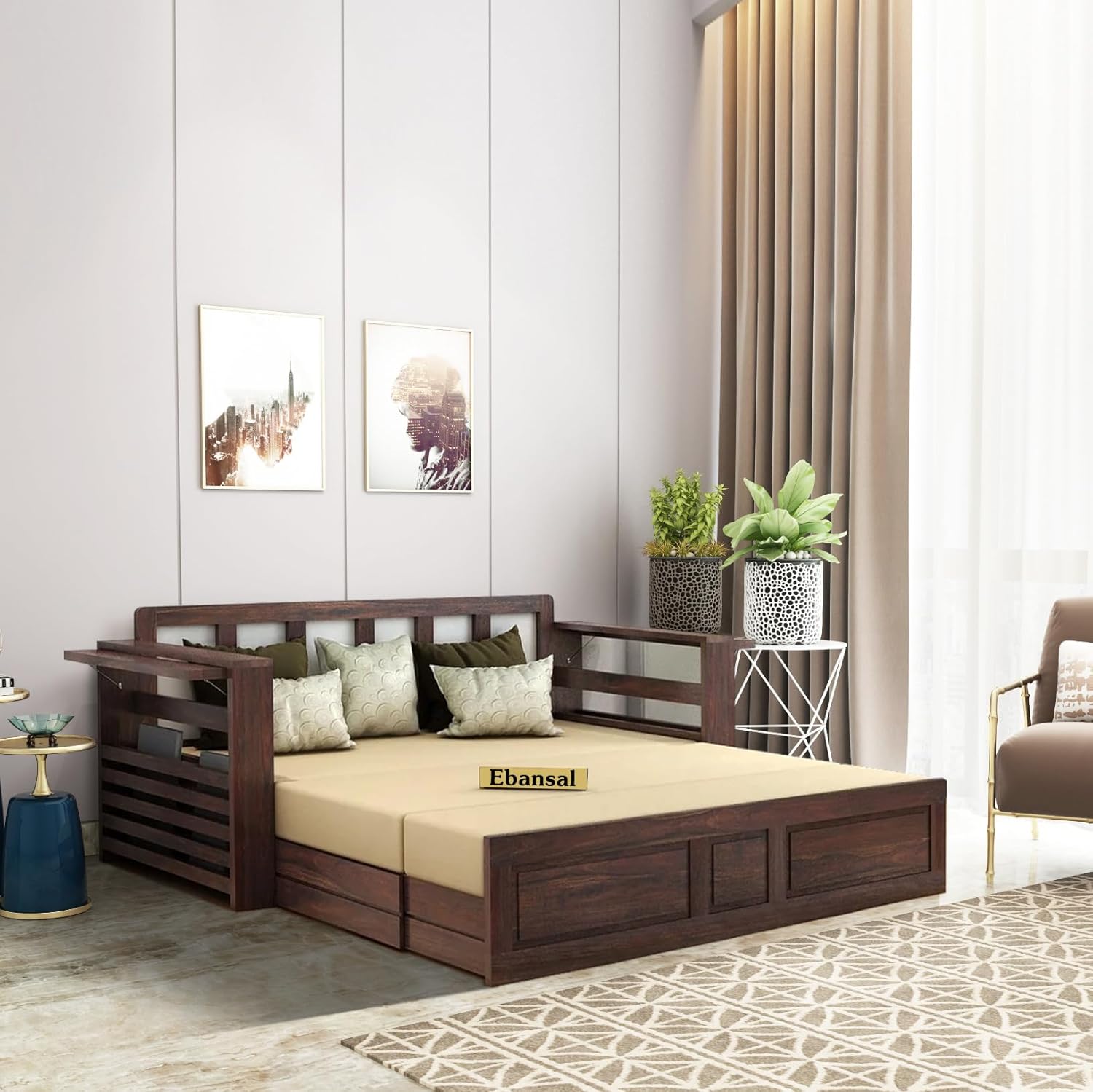 Solid Sheesham Wood 3 Seater Sofa Cum Bed with Side Pocket for Living Room Wooden Couch Diwan Bedroom Furniture Three Seater Sofa for Home Hall and Office (Walnut Finish) Solid Sheesham Wood 3 Seater Sofa Cum Bed with Side Pocket for Living Room Wooden Couch Diwan Bedroom Furniture Three Seater Sofa for Home Hall and Office (Walnut Finish)