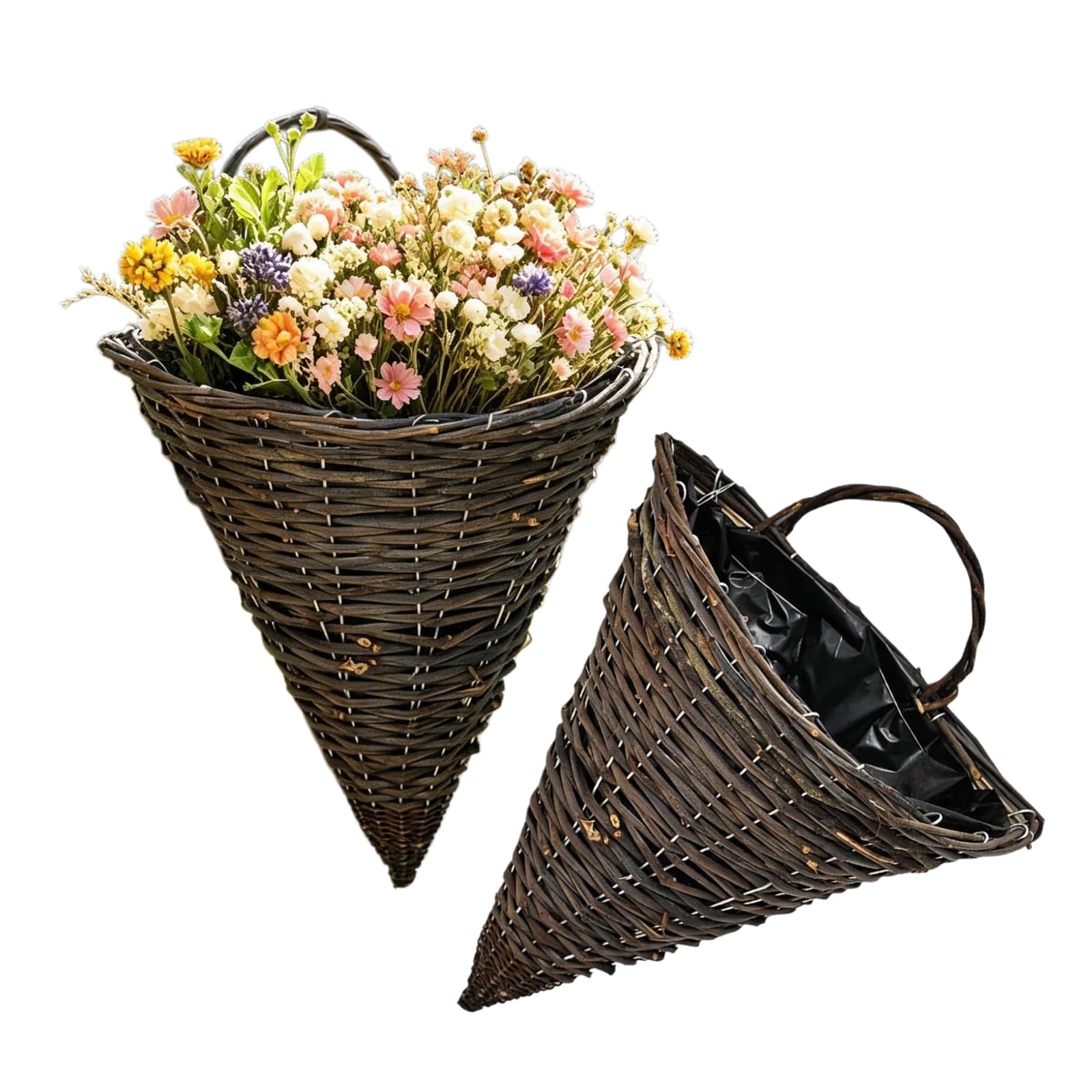Fioriera sospesa da parete in rattan, conica, da appendere, semicircolare, per interni ed esterni, decorazione per fiori (marrone scuro, 35 x 30 cm, 2 pezzi)