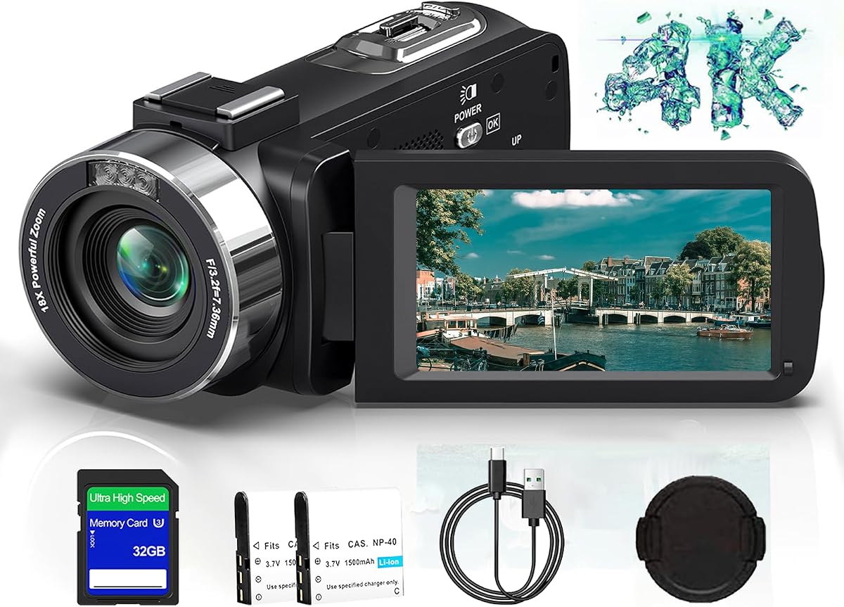 4K Ultra HD 80MP Video Camera Camcorder for YouTube Vlogging | IR Night Vision,18X Digital Zoom,3.0" 270° Rotatable IPS Screen;Video Recorder,Comes with 32GB SD Card,Lens Cap & 2 Batteries