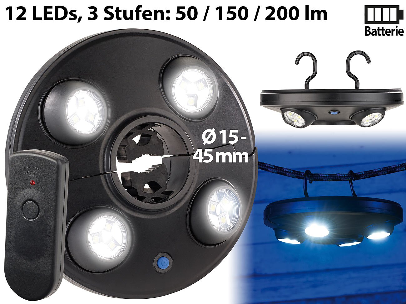 Luminea Luces para sombrillas - Lámpara de sombrilla: Súper Brillante Lámpara de Pantalla LED, 4 giratorios y Regulables focos, 200 lúmenes (sombrilla 220 lúmenes, Luz, Tienda)