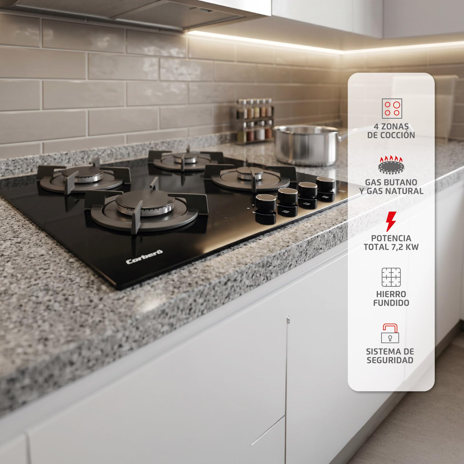 Żeliwo - szklana płyta gazowa 60 cm | CPG406N | 7,2 kW | 4 strefy | sterowanie boczne | żeliwny grill | bezramowy | zestaw do konwersji | zawór bezpieczeństwa i automatyczne wyłączanie | czarny