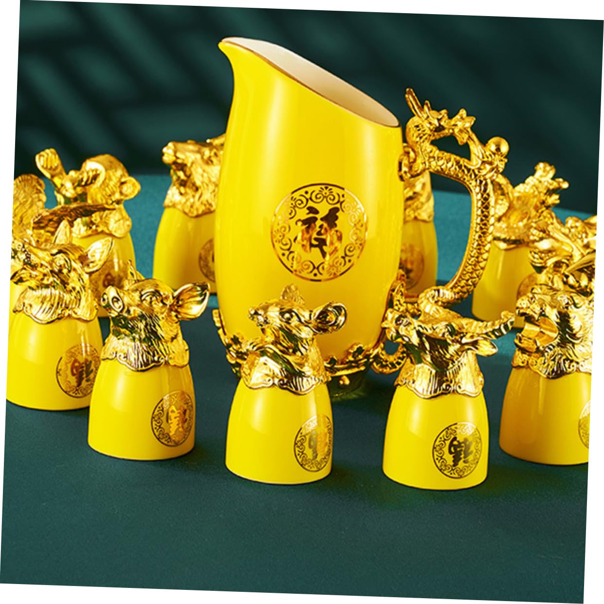 Set di 12 Bicchieri in Porcellana Zodiacali Cinesi per Vino Bianco Dosatore, Resistente e Raffinato, per Casa e Bar, Design Unico Animale Giallo Stili multipli