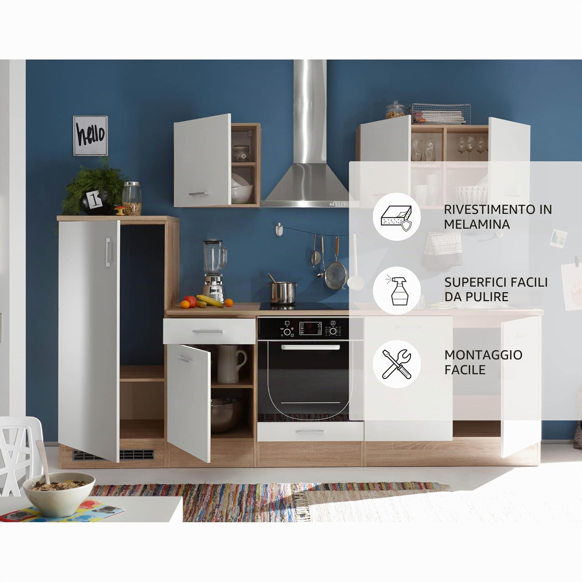Stella Trading ANDY Mobile da cucina moderno senza elettrodomestici Rovere Sonoma, Bianco opaco, Cucina componibile spaziosa con tanto spazio, 270 x 195 x 60 cm