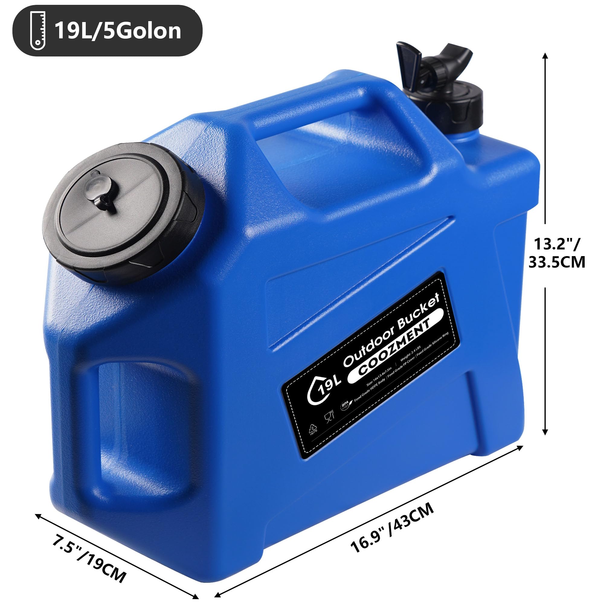 COOZMENT Récipients d'eau portables de 19 l avec robinet, carafe d'eau sans BPA, réservoir d'eau bleu, récipients de stockage d'eau multifonctions pour le camping, la randonnée, les accidents