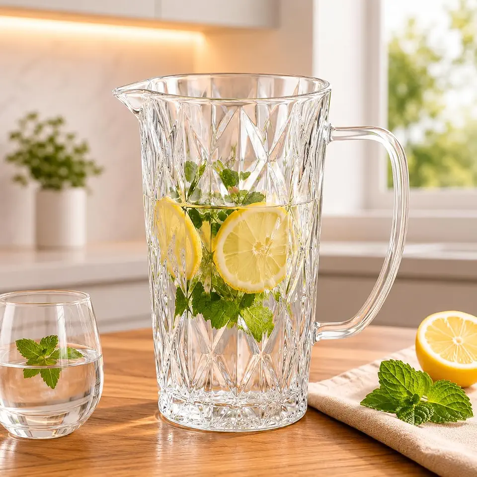 Jarra de Vidro Diamond Borossilicato, 1000ml, Bixo Antigotejamento, Elegante, para Água, Suco, Drinks, Design Luxo, Vidro Resistente, Acabamento Premium