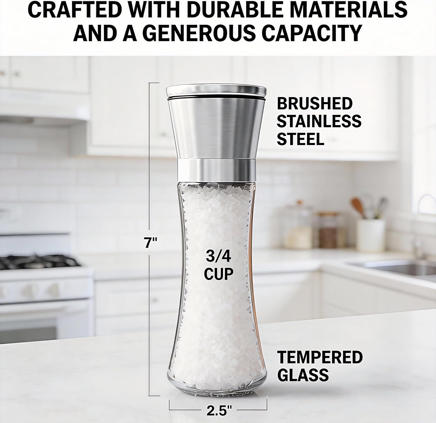 Gorgeous Salt & Pepper Grinder Set — Refillable Stainless Steel & Glass Spice Mill with Adjustable Coarseness - Perfect For Himalayan Or Sea Salts, Fresh Ground Pepper, Or Fresh Spices (2 Pack)