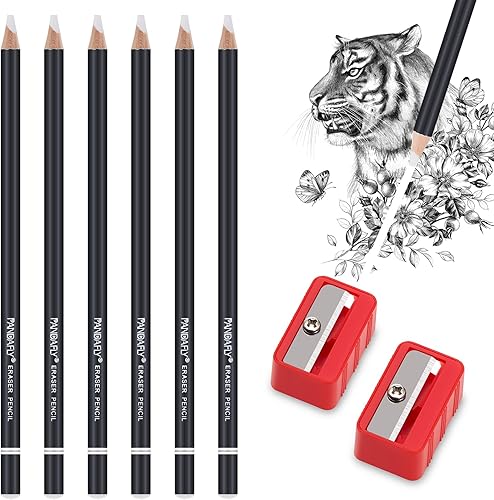 Miniatura 3 de PANDAFLY 6 lápices de borrador y 2 sacapuntas, borrador de detalles finos para borrar pequeños detalles o añadir reflejos para bocetos, dibujos de