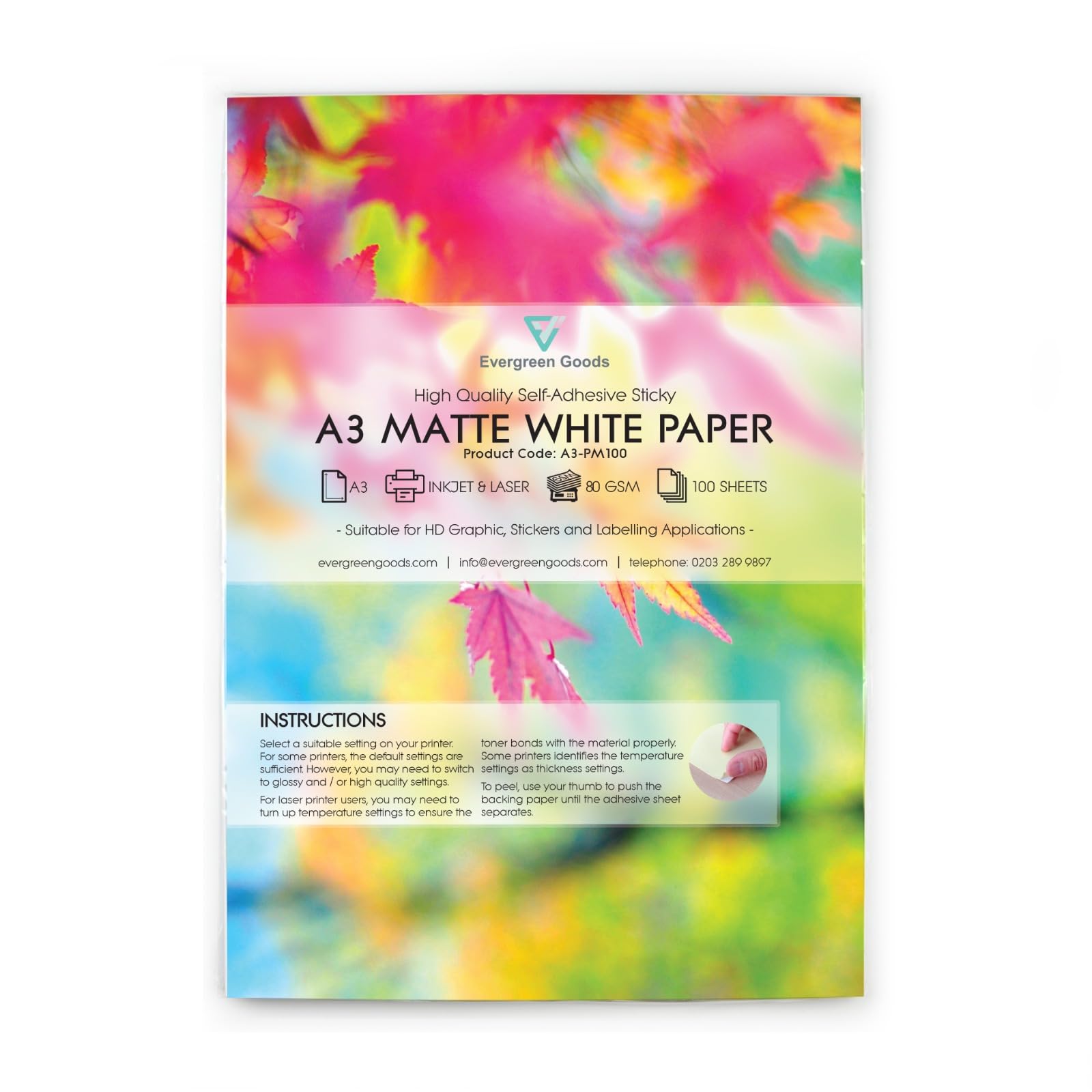 Evergreen Goods - 100 fogli di carta autoadesiva opaca bianca, formato A3, 420 x 297 mm, per stampanti a getto d'inchiostro e laser, con retro adesivo, carta stampabile, ideale per etichette