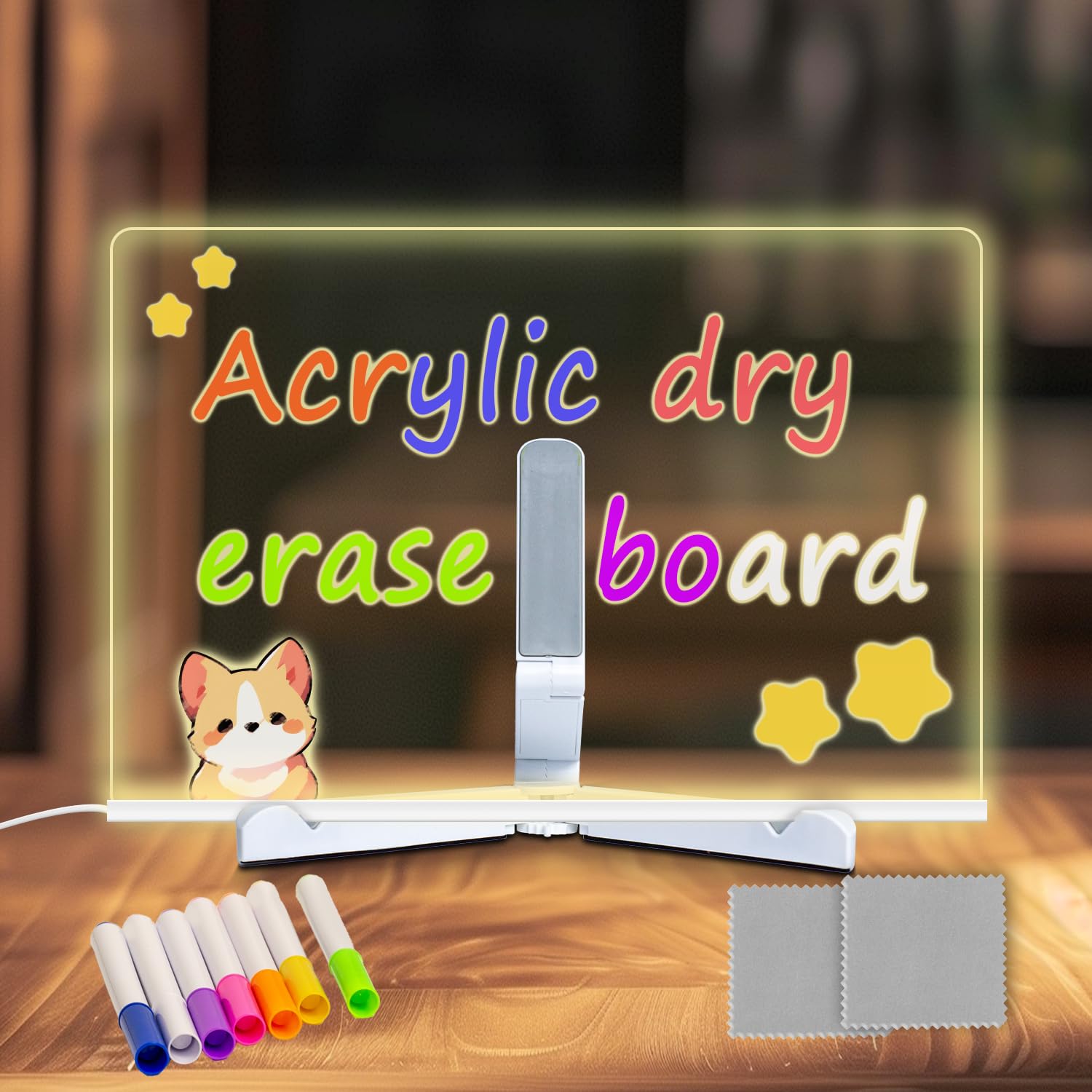 MOLHEM Acrylic LED Message Board with 7 Colors Pen/Stand,LED Writing Message Board Acrylic Dry Erase,Memo Tablet Letter Note Arts Doodle Whiteboard,Gifts for Child Home Office Cafe School 20cm x 20cm