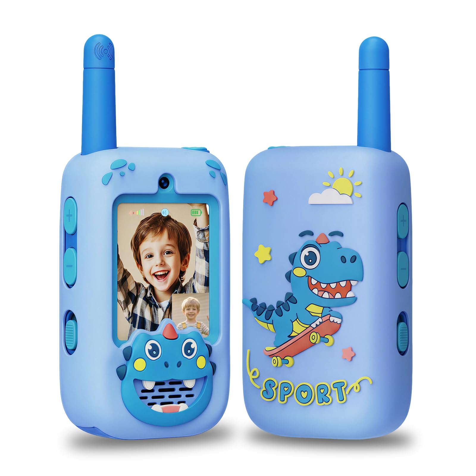 Video Walkie Talkies for Kids, Rechargeable 2 Pack Long Range Two Way Radios with 4 Voice Changer Effects, Toys for Boys Girls Ages 3-12, Outdoor Camping Birthday Gifts Blue+Blue