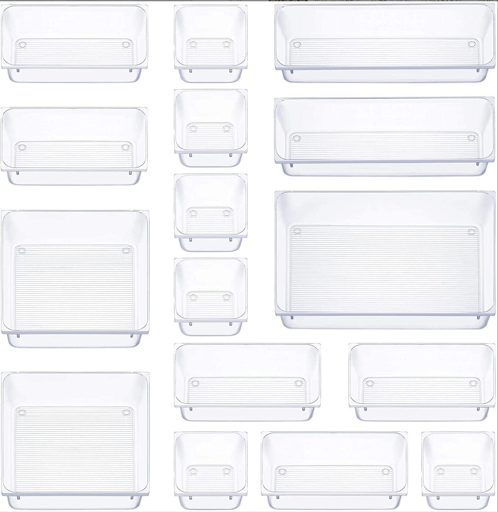 16 Stücke Schubladen Ordnungssystem, Organizer Ordnungssystem mit 5 Schublade Größen, Antirutsch Transparent Divider Make-up Organizer für Küche Badezimmer Kosmetik (Transparent)