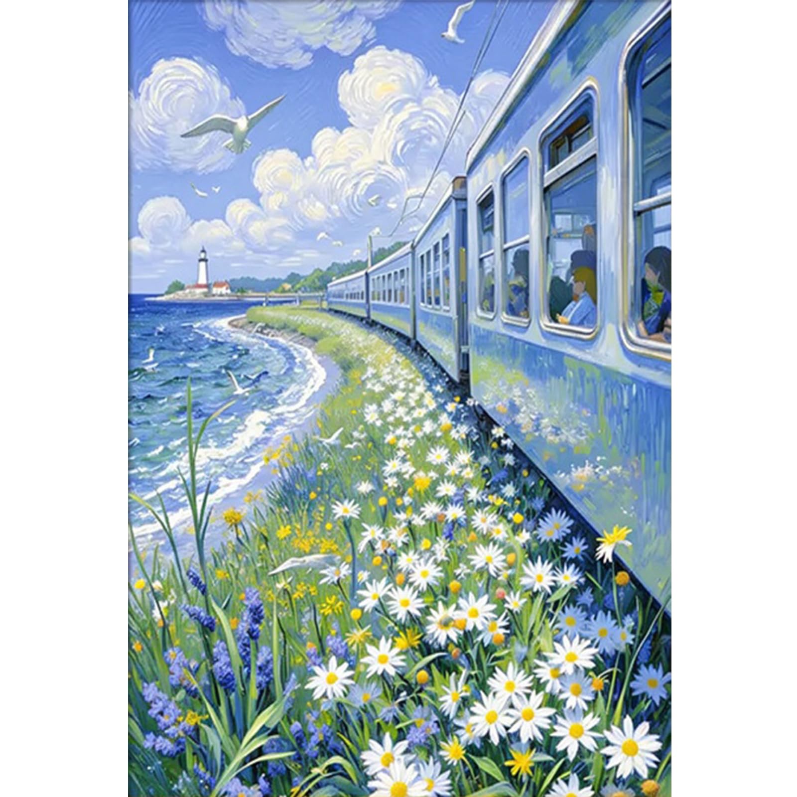 Seaside Train 5D DIY Partial AB Full Square Drill Diamond Painting Kits for Adults Home Decor Large Size 21.65x29.53In