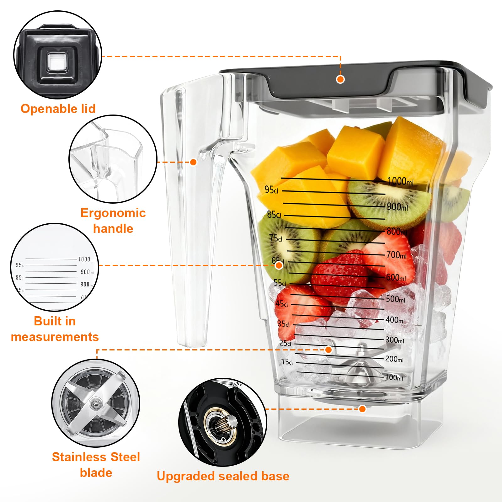 Mixerglas für Blendtec-Mixer, vierseitiger Mixer, Ersatz für Blendtec-Mixer, alle Modelle, 900 ml Mischkapazität, doppelte Edelstahl-Klinge
