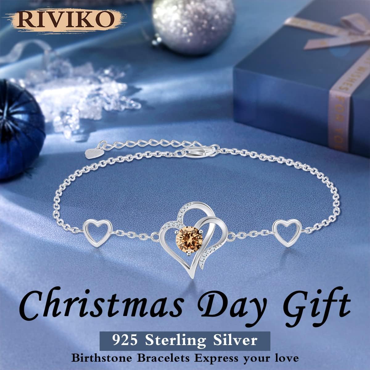 RIVIKO Love Heart Charm Bracelet For Women 925 Sterling Silver With Zirconia Birthstone Bracelets Adjustable Link for Mother Wife Sister Birthday Christmas Day Anniversary Jewelry Gift - Image 2