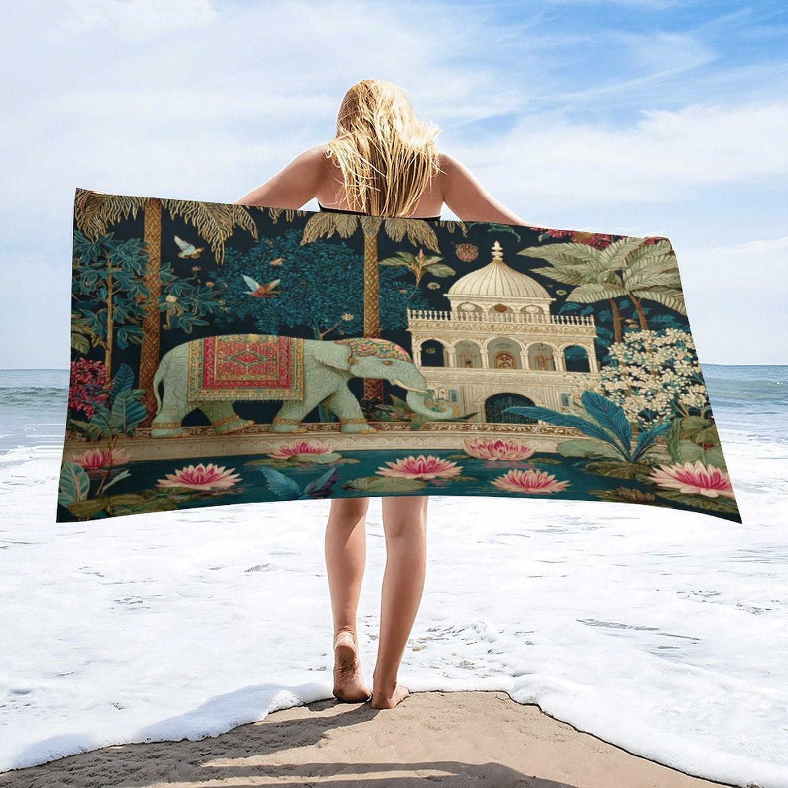 Luyysky Classic Boho Indian Elephant Quick-Drying Beach Towel, Rustic Watercolor Animal Elephant Bird Lotus Flowers Palm Tree Travel Vacation Single Sided Pile Bathroom Towels-80 W Cm X 160" L Cm