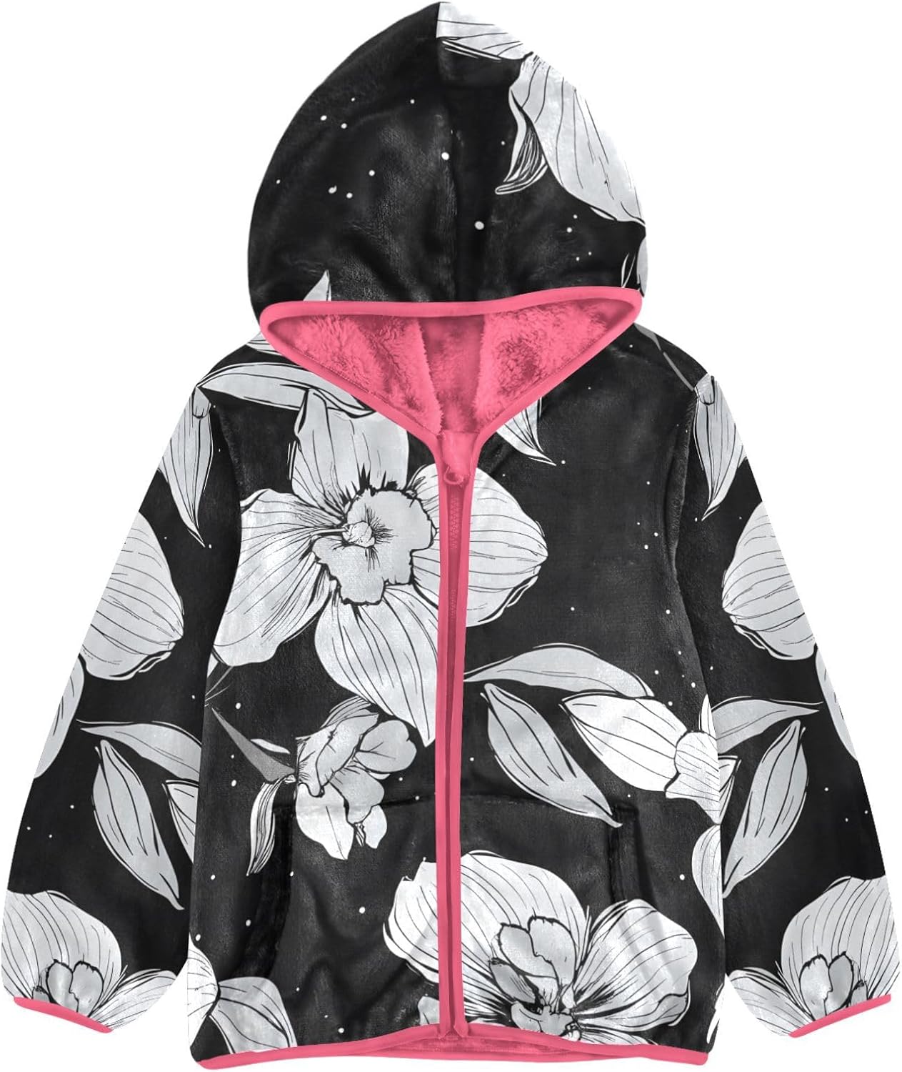 ALAZA Black Flower Hoodie Jacket for Girls Toddler Fleece Zip Up Coat Plush Jacket Long Sleeve Outerwear for 3 Years