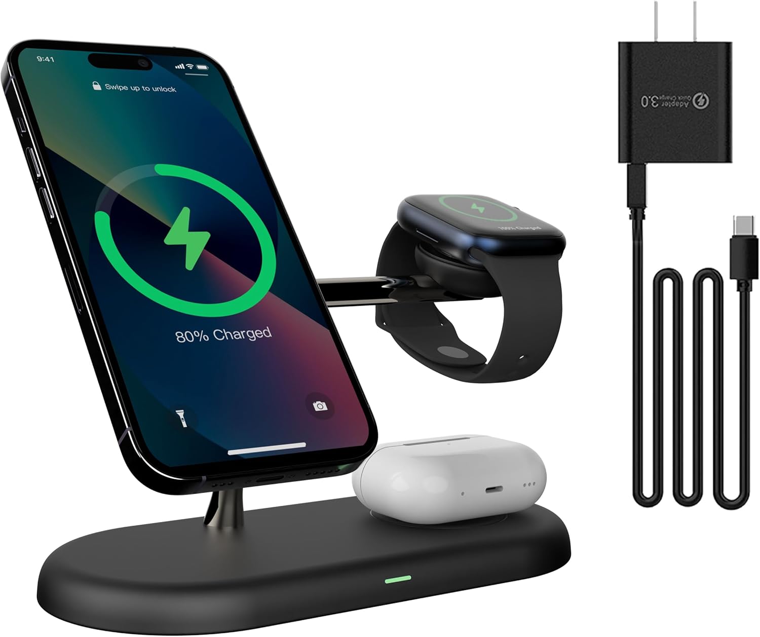 4 in1 Magnetic Wireless Charging Stand, 15W Fast Charging，with Neutral Light Design for iPhone 17/16、15/14/13/12 Series, iWatch and Sansung Watch, Airpods and Samsung TWS (T256-Black)
