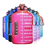 SLUXKE 1 Gallon Water Bottle with Time Marker BPA Free Motivational, 128oz Leak Proof Water Bottle Jug with Handle and Straw Pink