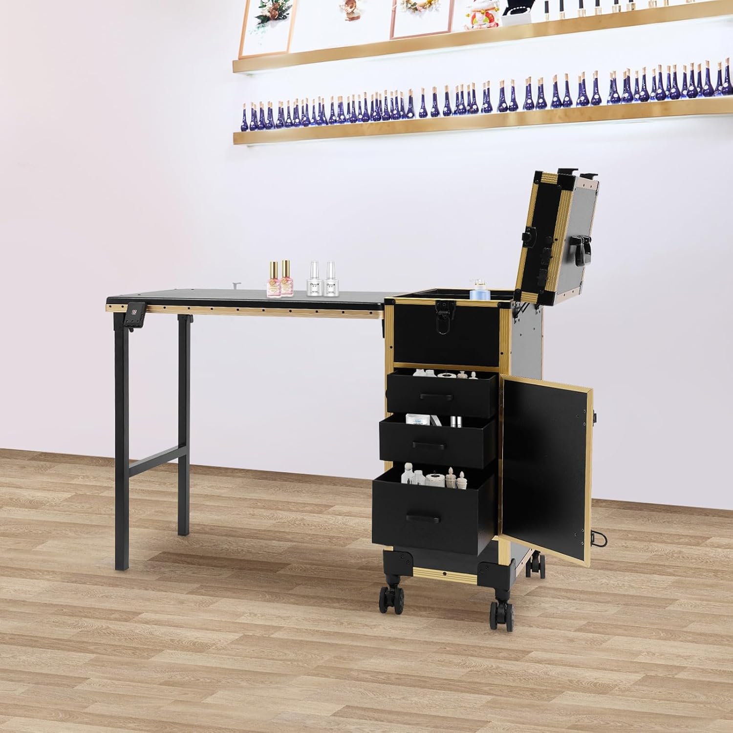 YIYIBYUS Portable Rolling Manicure Table for Nail Teach w/Audio & Mirror, Professional Makeup Storage Manicure Dressing Table with Wheels 4 Drawers, Cosmetology Travel Case Workstation Artist