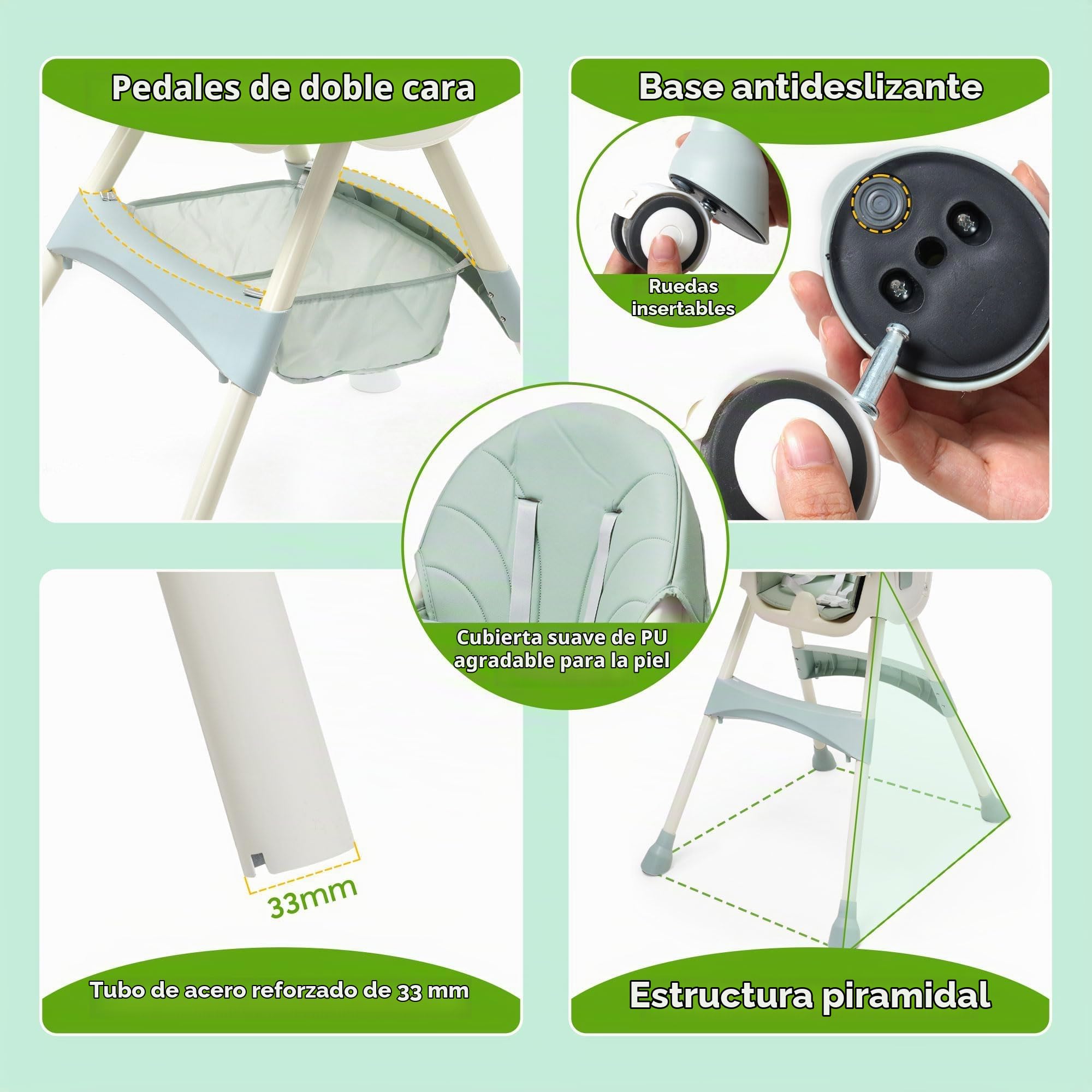 3in1 Trona bebé Ajustable Respaldo para Niño Reclinable 5 Posiciones Trona portatil Plegable Asiento Reposapiés Altura Ajustable 4 ruedas