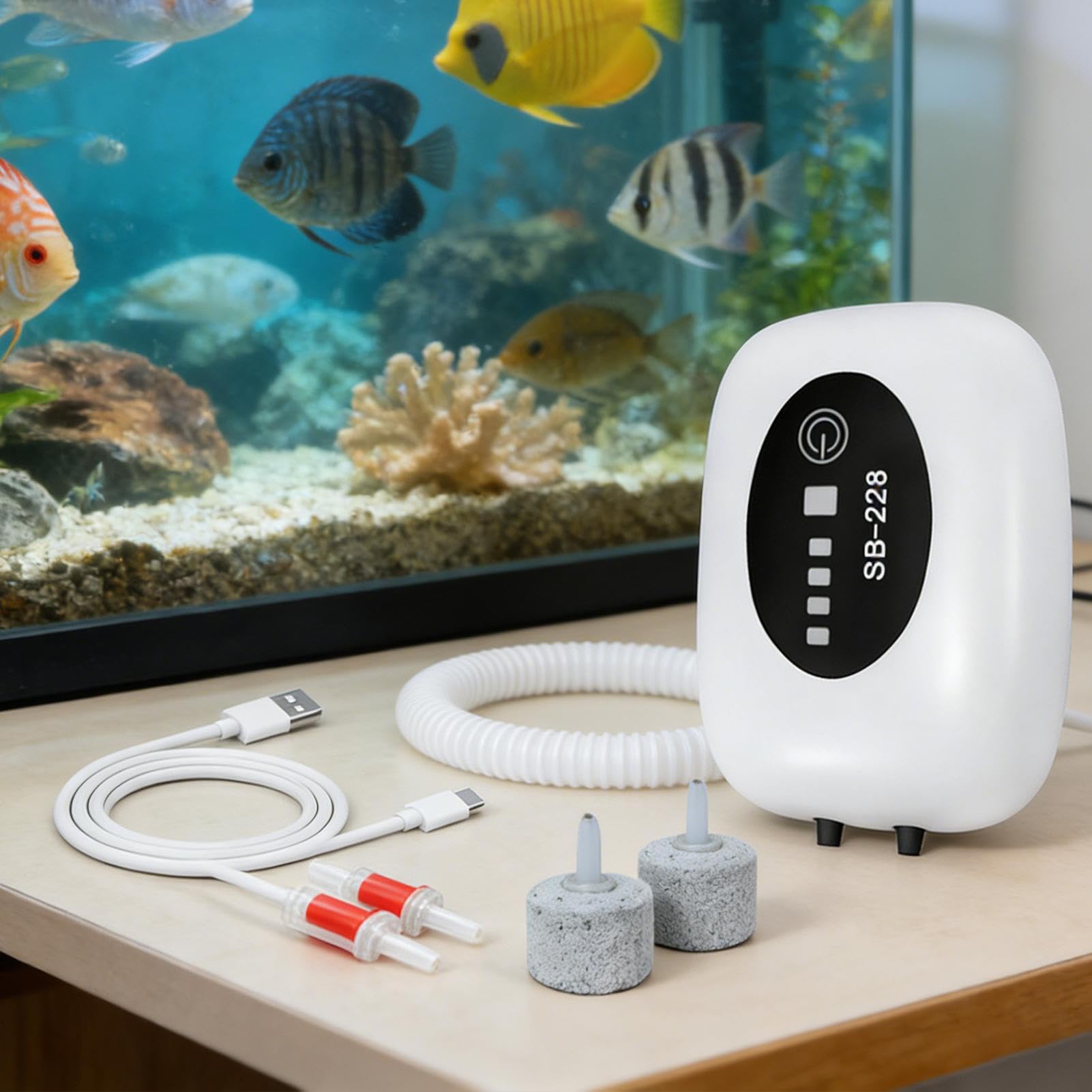 Bomba de Aire para Acuario 2 Salidas Portátil Recargable Silencioso | Bomba de Aire Silenciosa para Pecera Aplicaciones en agua salada plantas vivas exterior interior estanque fuente hi