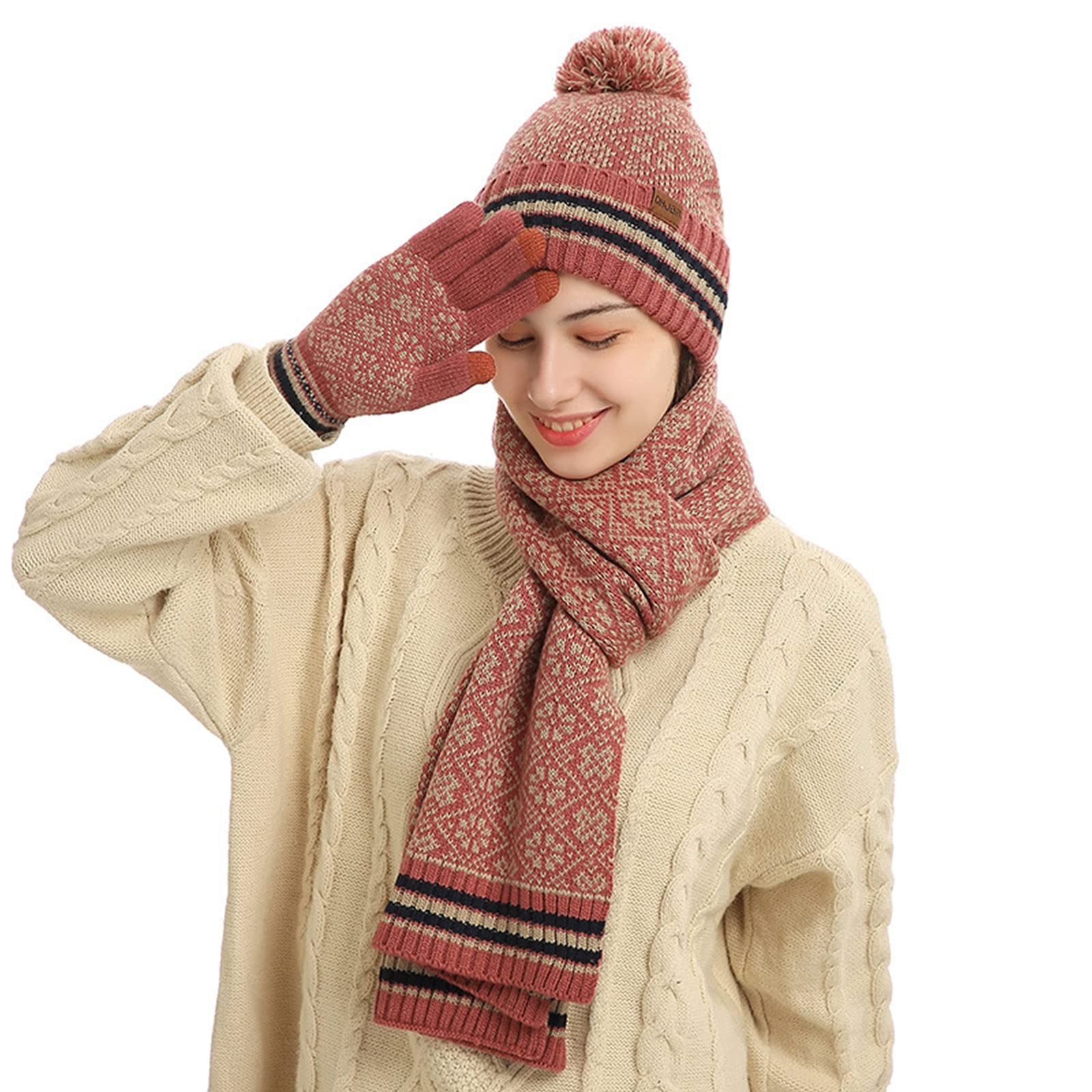 Wygwlg Berretto Invernale da Donna, Sciarpa Calda al Collo e Guanti per Touchscreen, 3 Pezzi Set Caldo per Il Freddo per Le Ragazze delle Donne (Color : Red, Size : 36 * 28 * 5cm)
