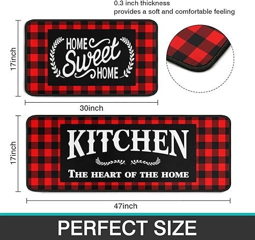 Miniatura 2 de Framhouse - Juego de 2 alfombras y tapetes de cocina, a cuadros negros y rojos, antideslizantes, para decoración del hogar, cocina, Navidad, 17 x 29