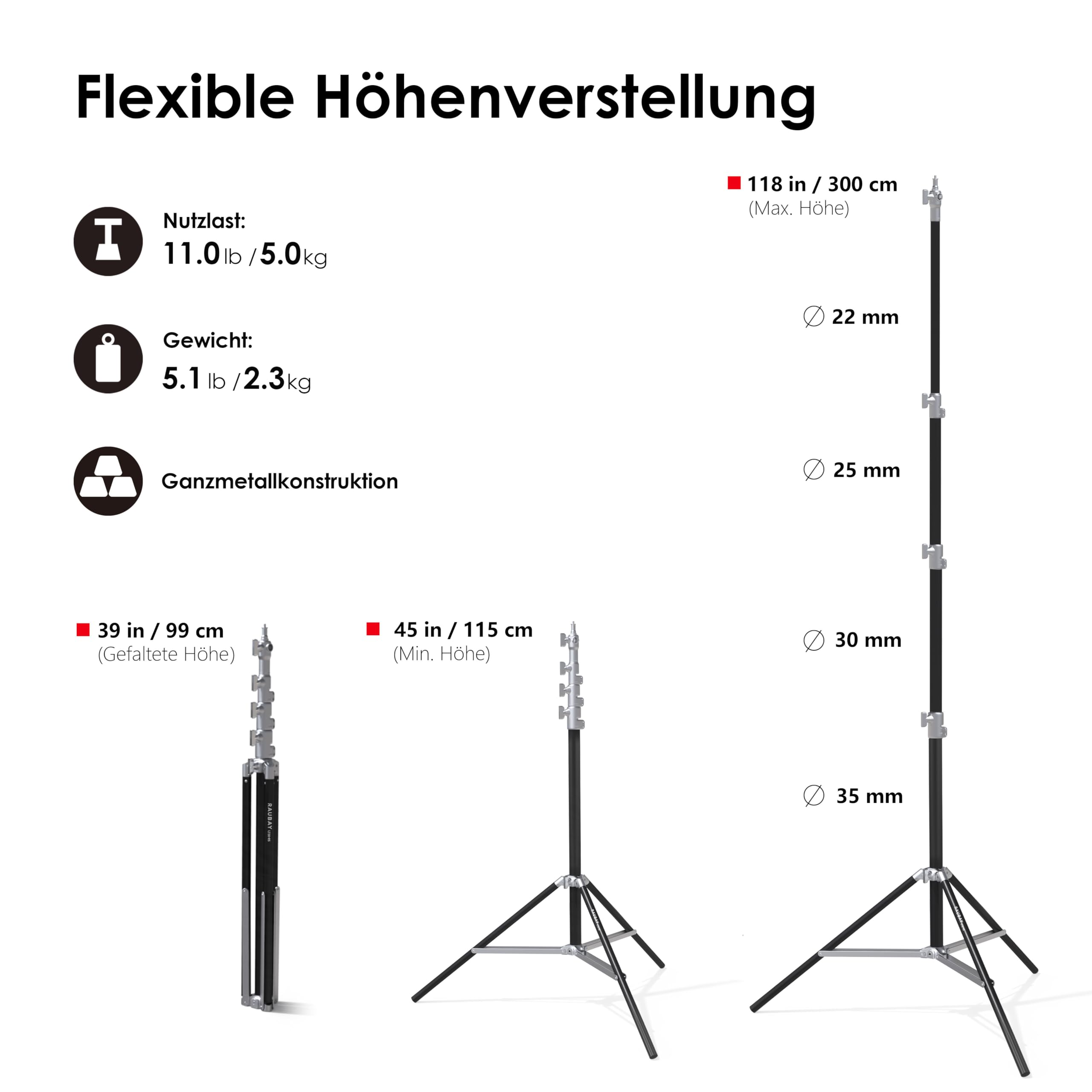 RAUBAY 3 m Robustes Lampenstativ, Luftfederung, Silber, LT30-RS | Aluminium-Fotostativ mit 1/4- und 3/8-Zoll-Anschlüssen für Softboxen, Studioleuchten, Video und Fotografie