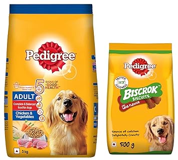 Pedigree Adult Dry Dog Food, Chicken & Vegetables, 3kg Pack & Pedigree Biscrok Biscuits Dog Treat (Above 4 Months) Lamb Flavour, 500g Pack