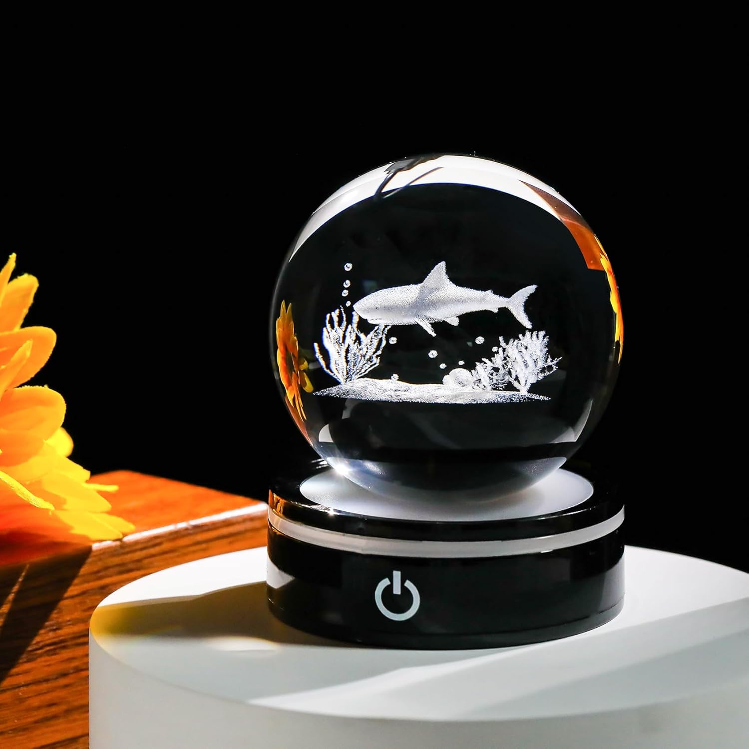 YWHL 3D Shark Figurine Crystal Ball with Colorful Light Base, Shark Gifts for Women Men Shark Lovers on Christmas Birthday, 3D Laser Engraved Shark Sphere Glass Ball for Home Office Decoration (80mm) - Image 5