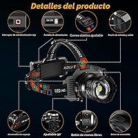 Vista 7 de Linterna frontal recargable súper brillante, lámpara de cabeza con sensor de movimiento de alto lúmen con 9 modos, linterna frontal con zoom