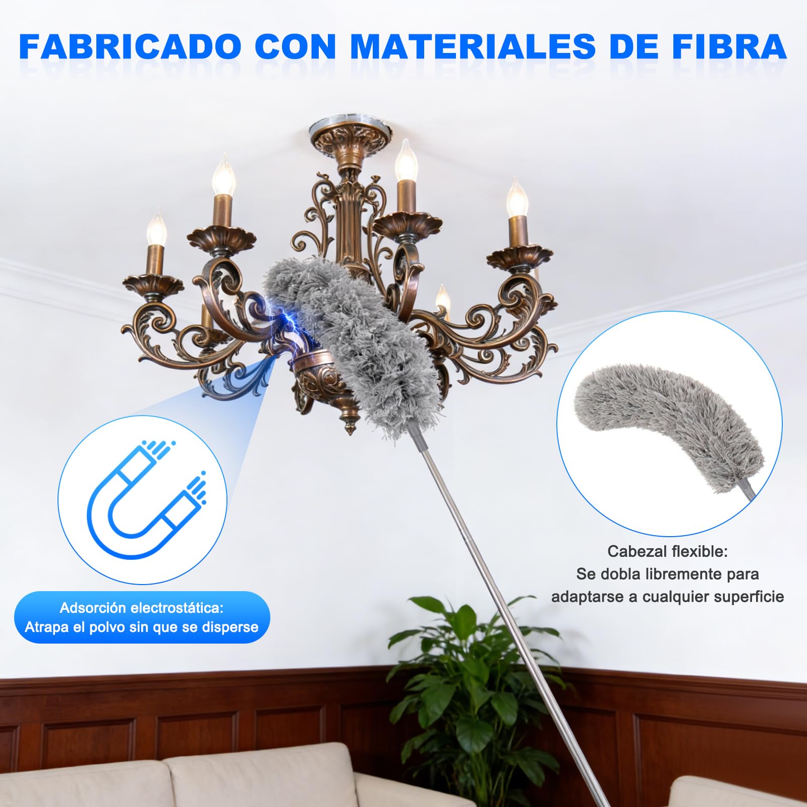 Apasiri Plumero de Plumas con Poste Telescópico Largo y 2 Cabezales de Microfibra Lavables, Herramienta de Limpieza Extensible para el Hogar, Techo y Zonas de Difícil Acceso, Sin Arañazos, Fácil de - 3