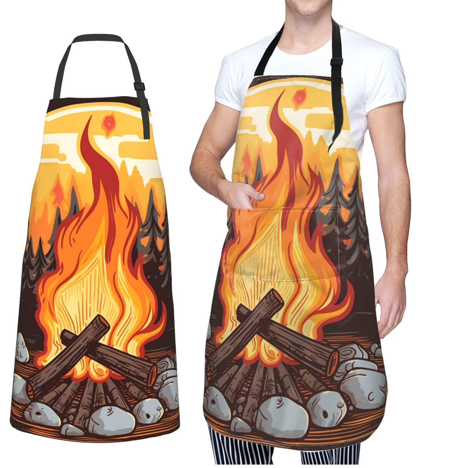 Waterproof Apron Kitchen Cooking Aprons with PocketTwo lions Chef Bibs Adjustable Bib for Baking, Bonfire, One size