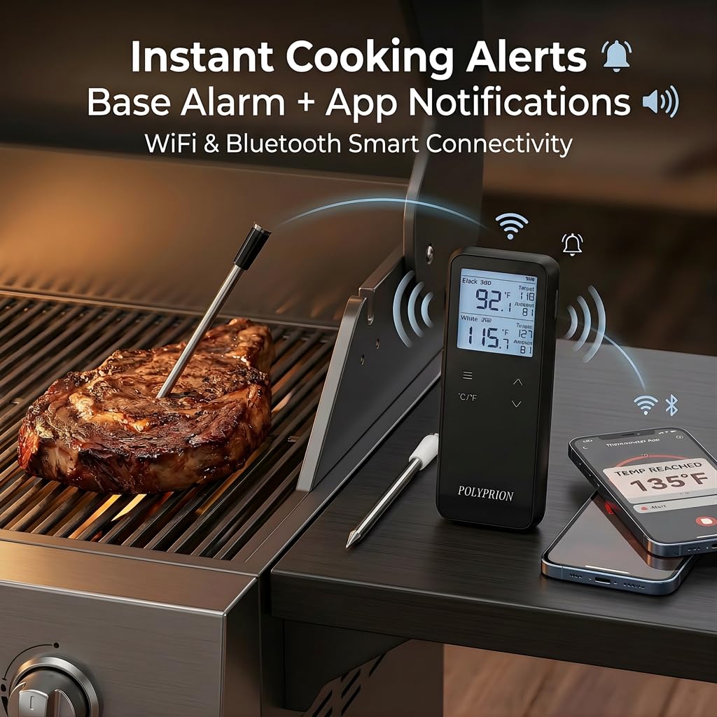 Termometro intelligente wireless per carne con WiFi e Bluetooth, 2 sonde digitali, controllo della temperatura in tempo reale, controllo tramite app, impermeabilità IP67, per barbecue, grill
