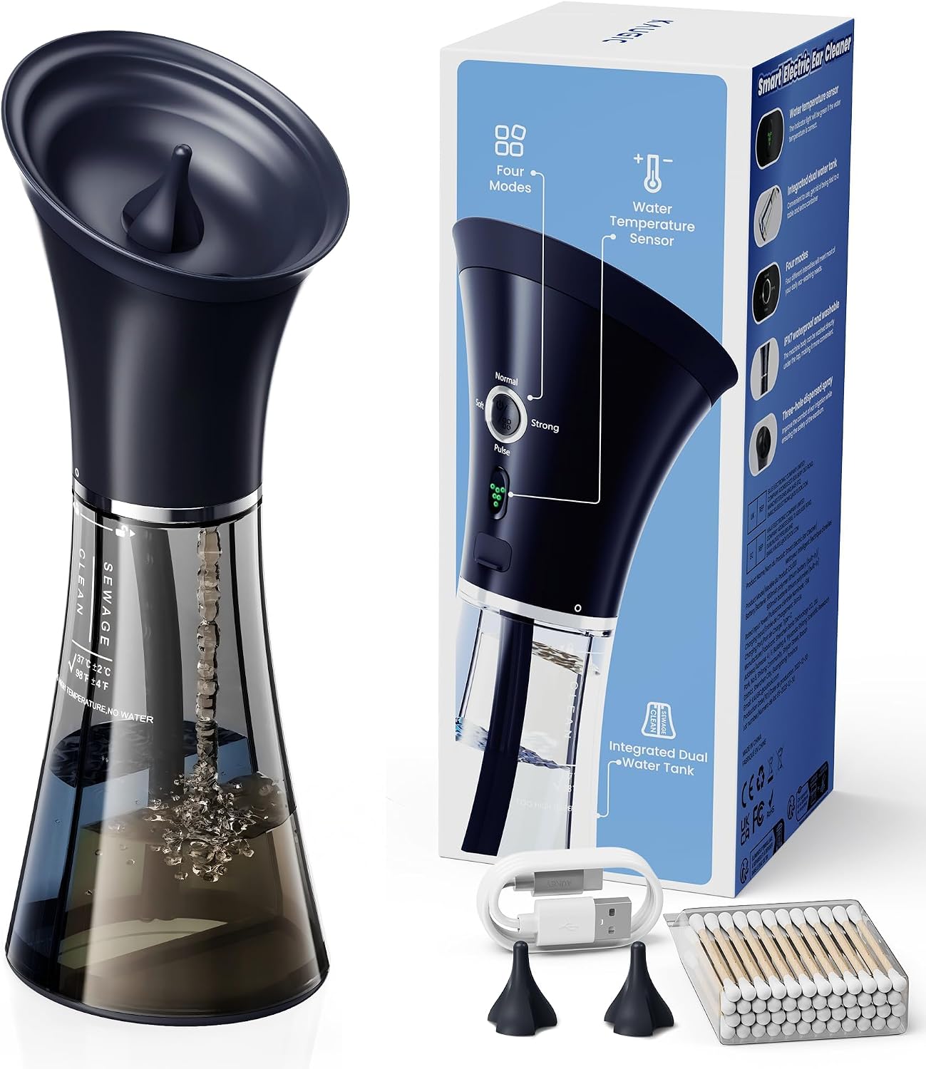KAUGIC electric ear cleaner with combined clean and waste water tank