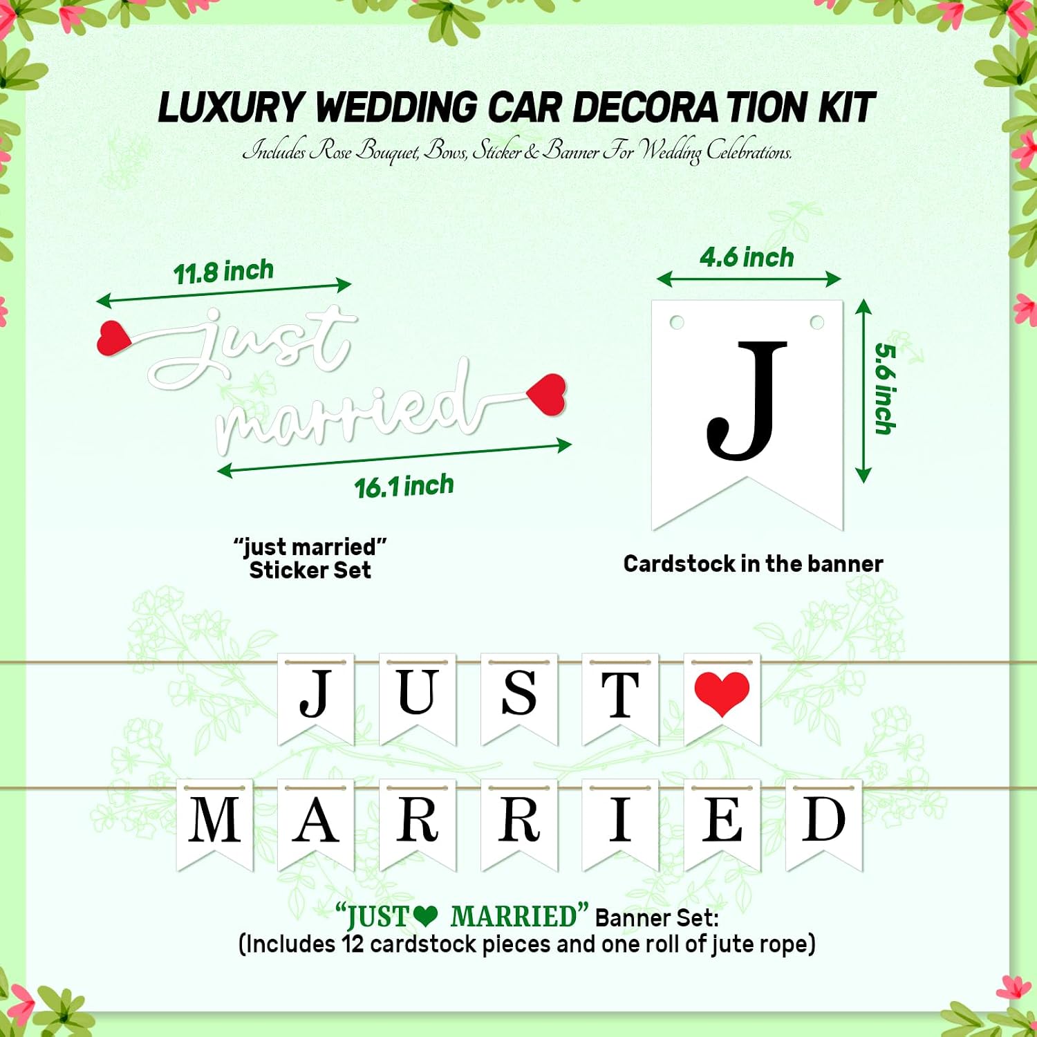 15 Pcs Luxury Wedding Car Decoration Kit – White Rose Bouquet with Tulle Ribbon Bows & Rearview Mirror Flowers, Just Married Banner & Sticker, Elegant Wedding Car Decor for Ceremony & Party