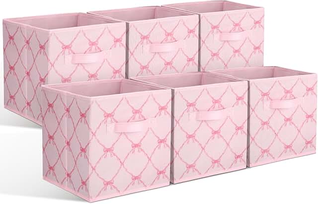 Geelin 6 Pcs Light Pink Bow Cube Storage Bins 11 Inch Storage Basket wit...