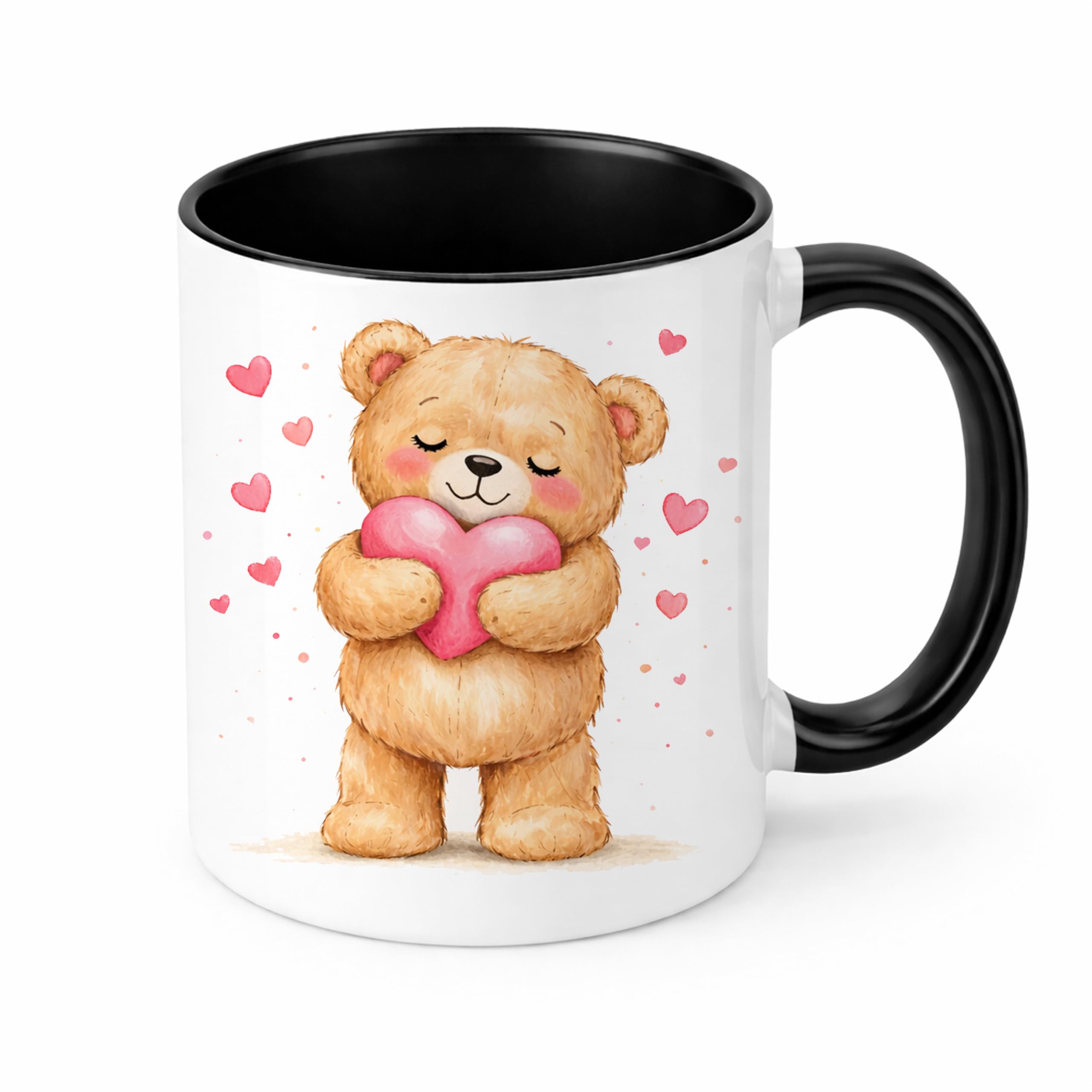Brew Crew Gifts Love Heart Teddy Bear Mug, White Ceramic Coffee Mug with Watercolour Bear Design, Gift for Love and Friendship (Black)
