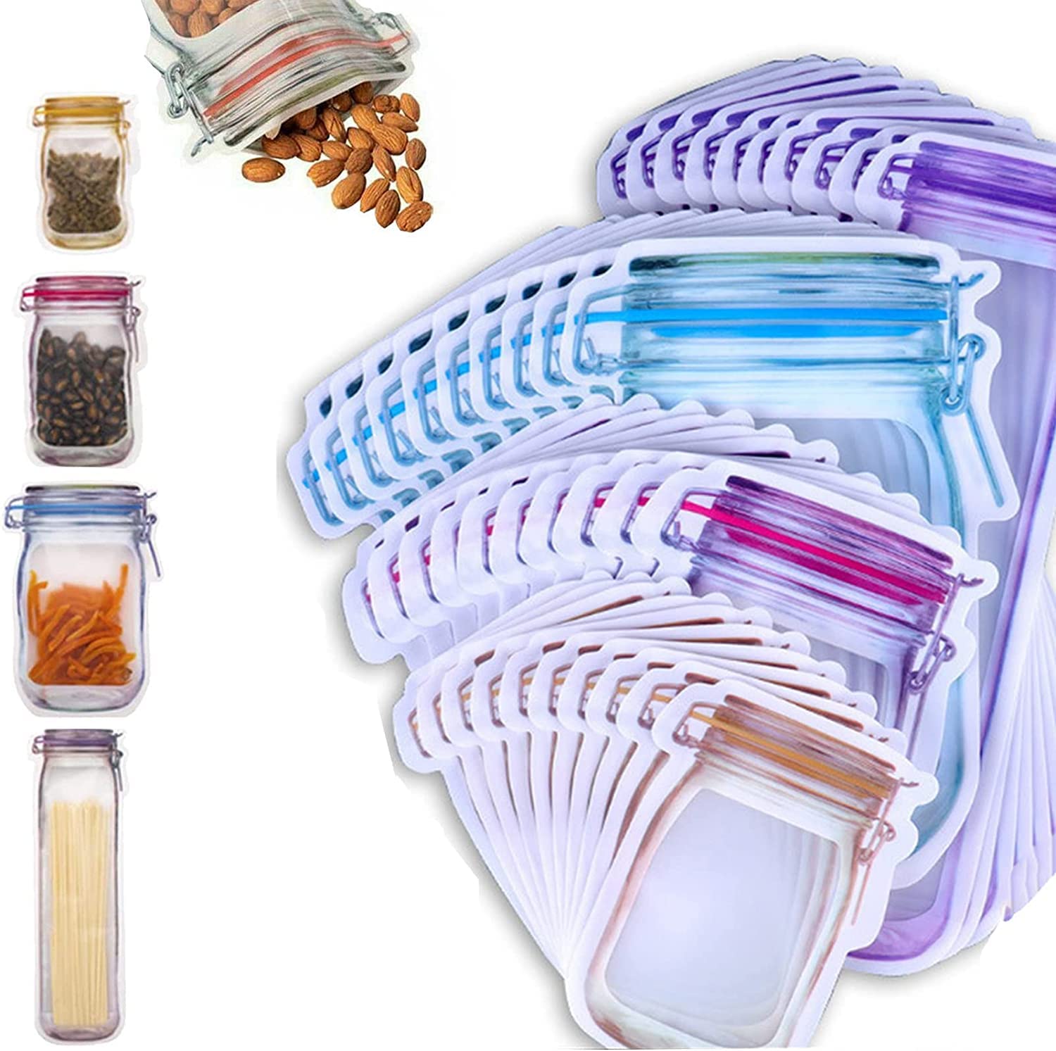 Reusable Mason Bottle Ziplock Bags, Airtight Seal Mason Jar Ziplock Bags, Leak Proof Food Storage Bags, Snack Saver Pouches, Stand Up Container Retail Package Bags (40pcs)