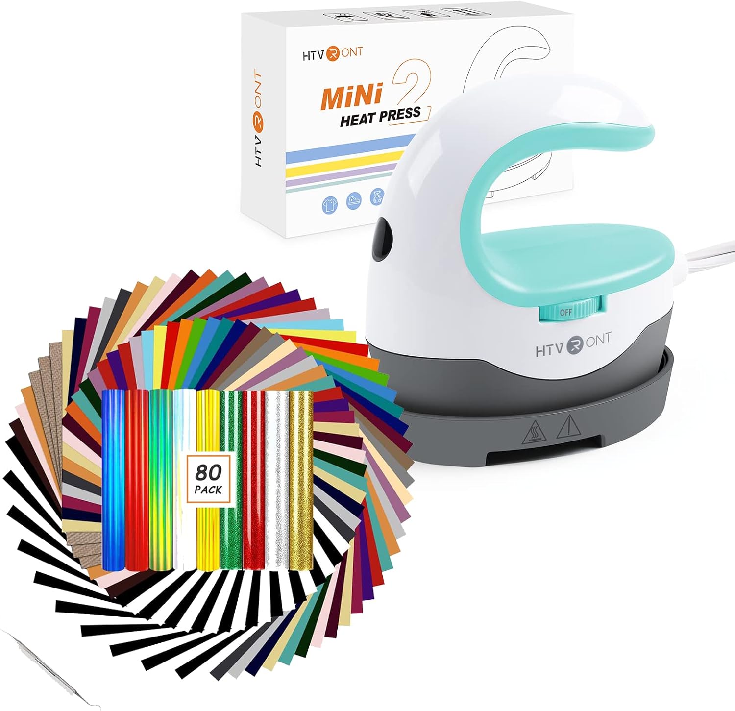 HTVRONT Heat Press Mini Heat Press Machine with 80 Pack 12" x 10" Iron on Vinyl for T-Shirt, 39 Assorted Colors with Vinyl Accessories Tweezers for Cricut, Silhouette Cameo or Heat Press Machine
