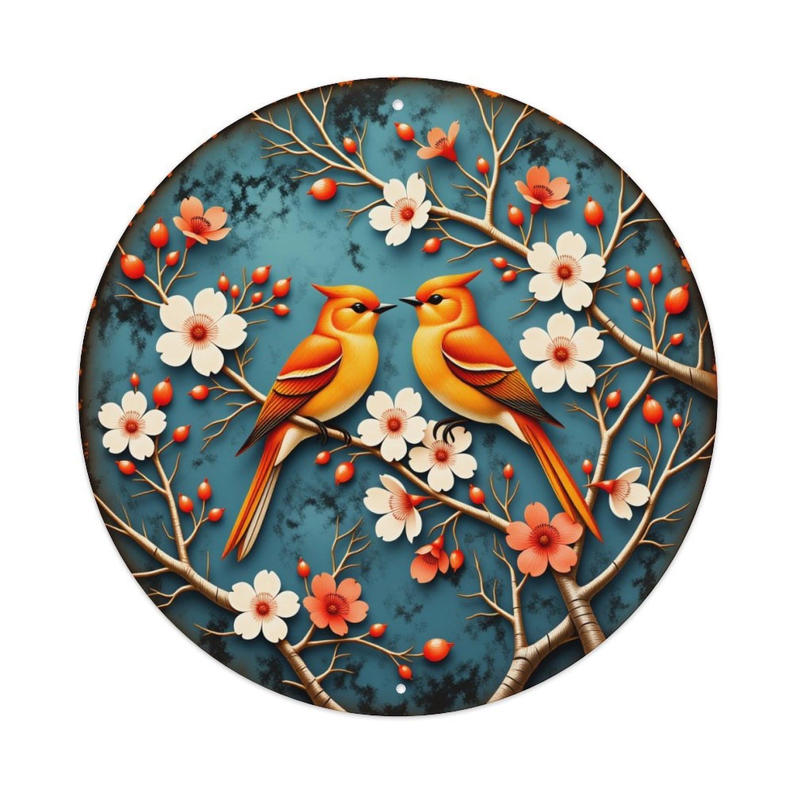 Birds Flowers Branches Spring Colors Vintage Metal Tin Sign Retro Wall Decor for Home Bar Garage Cafe, Indoor & Outdoor Decorative，circle Metal Poster, 8x8 Inch