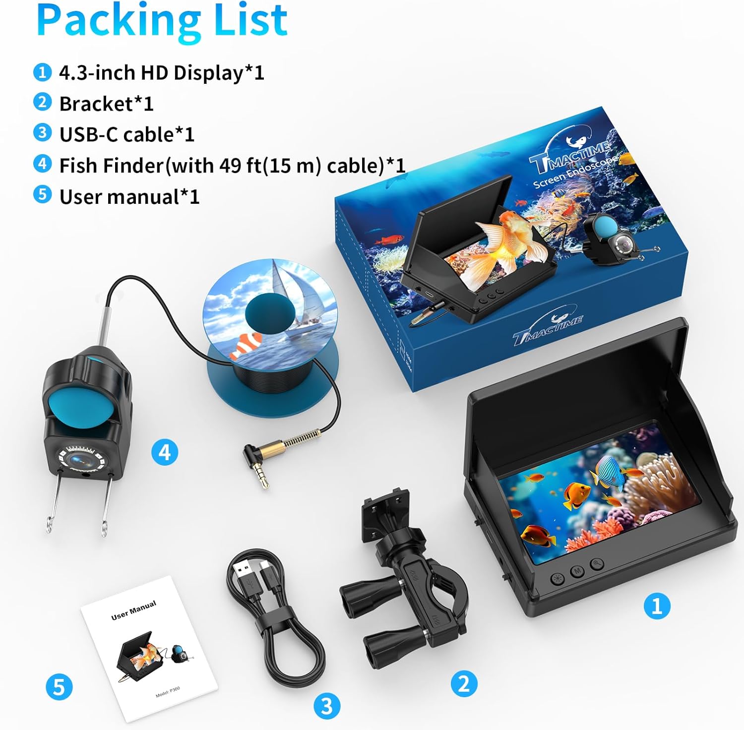 Underwater Fishing Camera TMACTIME 1080P HD, Portable Fish Finder with 4.3" LCD Display & Infrared Night Vision Light, IP68 Waterproof & 5000mAh, Fishing Camera for Ice Lake Boat Kayak Fishing - 15M