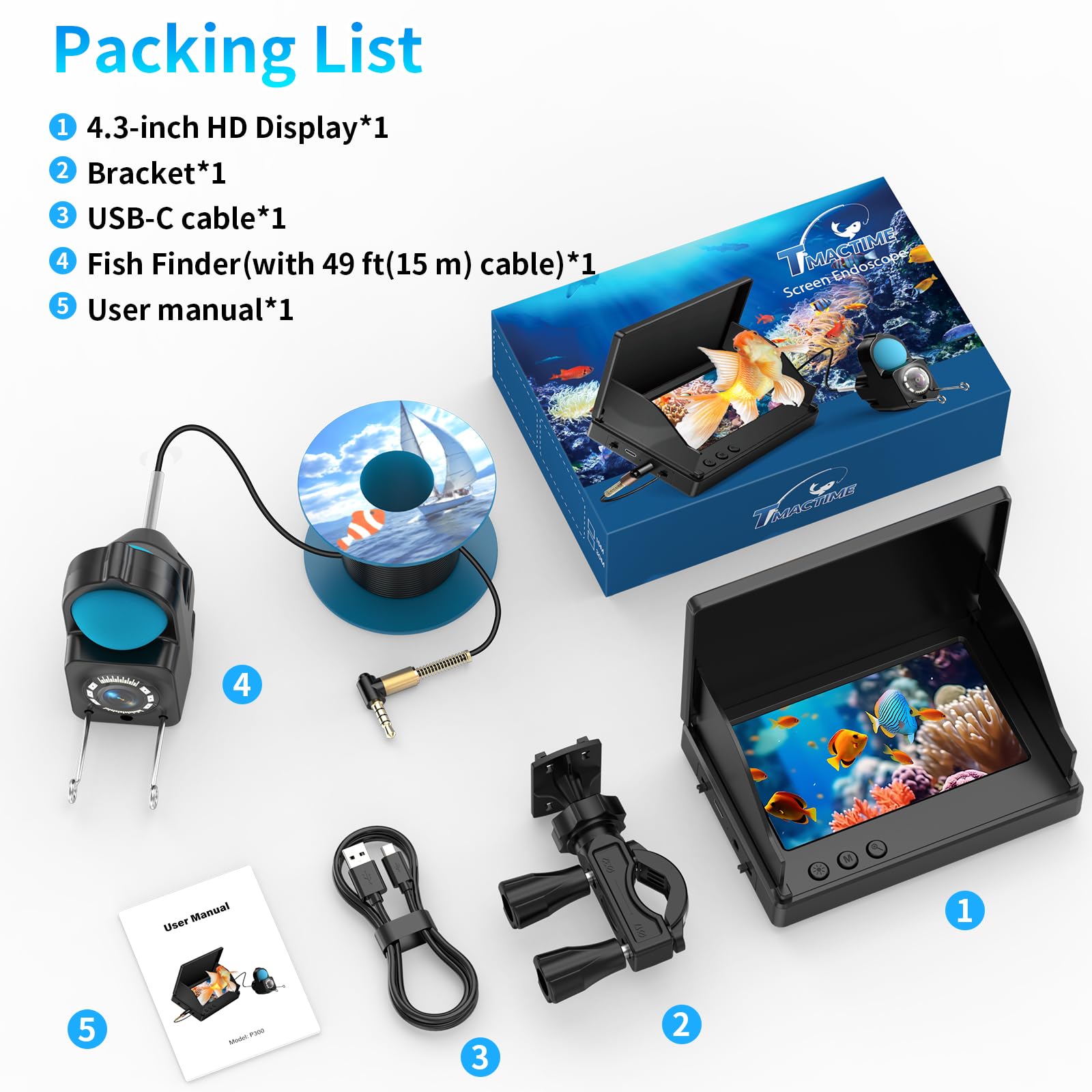 Sondeur de pêche HD 1080p avec écran LCD de 4,3", câble étanche IP68 de 15 m et 6 lumières de vision nocturne infrarouge, caméra sous-marine portable pour la pêche sur glace, en lac, en