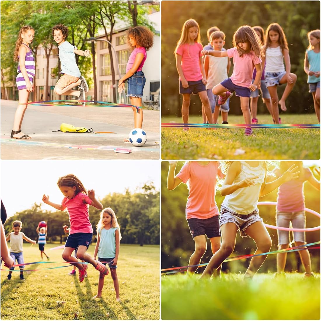 2 pezzi di gomma per bambini con istruzioni per giochi di salto, gomma da saltare, lunghezza 4 m, larghezza 1 cm, nastro arcobaleno, per Bambini Indoor e Outdoor Giochi