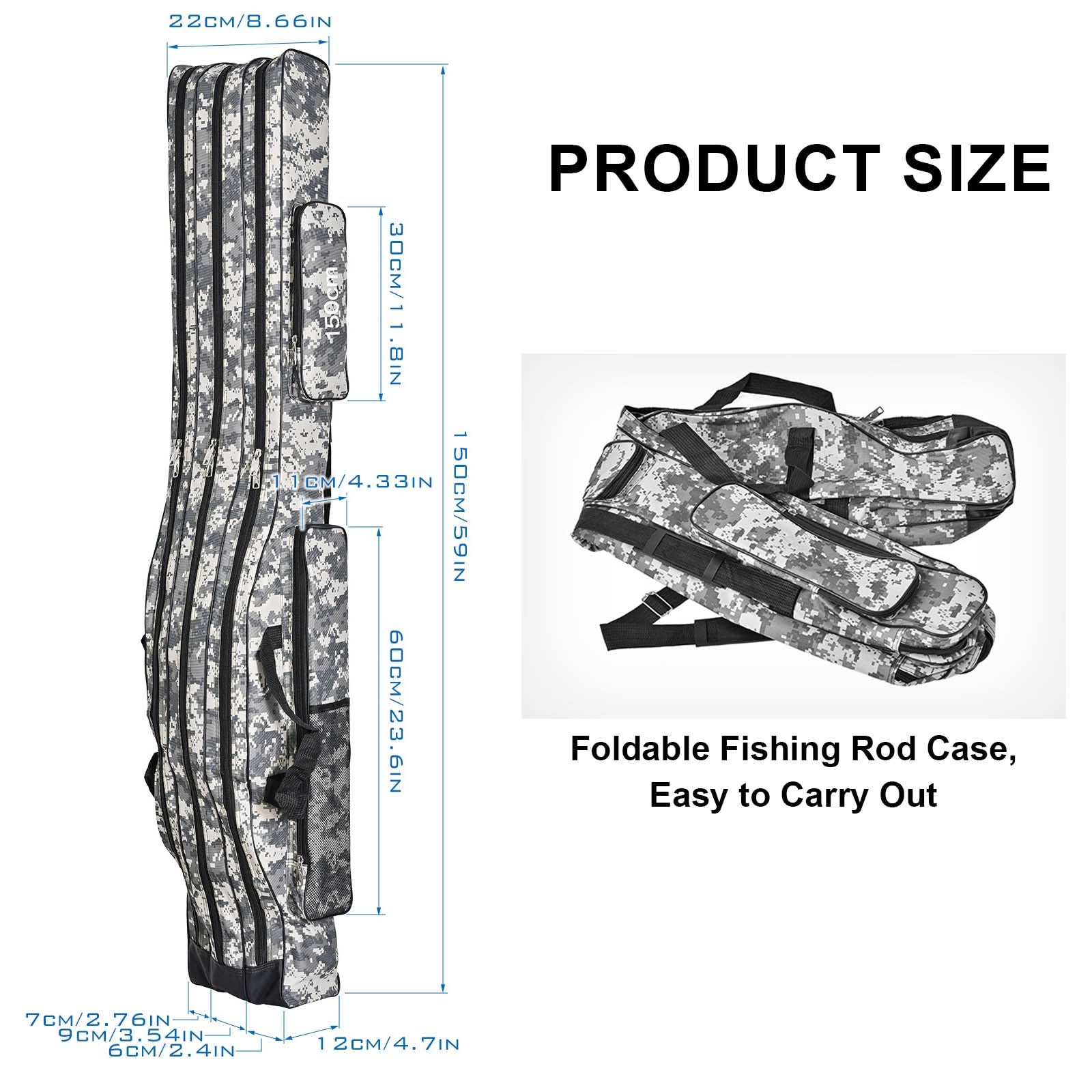 Dokeno Rutentasche 150 cm 3 Schicht Angeltasche Tragbare Angelrutentasche Wasserdicht Rod Case Angelkoffer Futteral mit Tragegurt für Angelruten, Kescher, Rutenhalter und Angelrute Werkzeuge