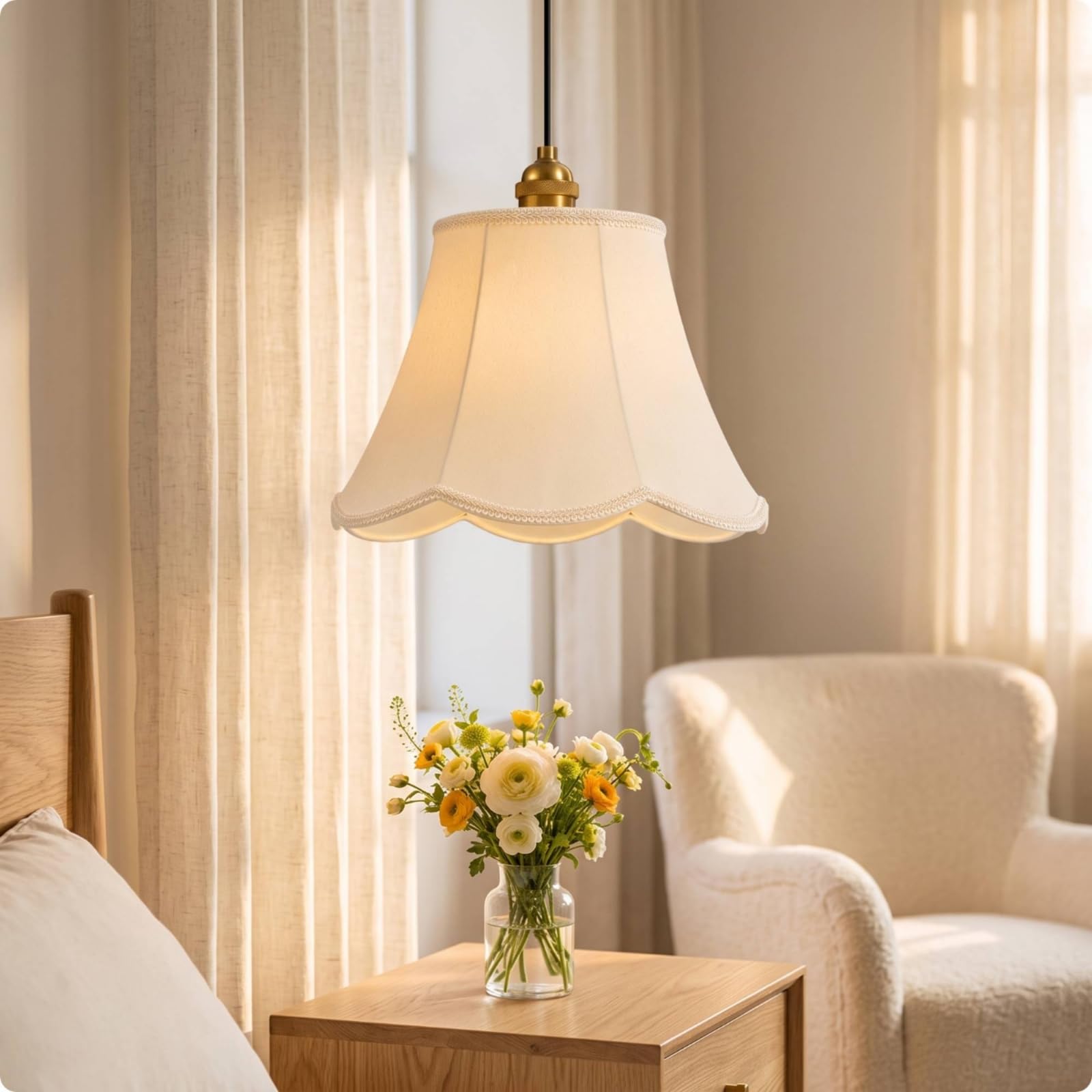 Lampenschirm mit Wellenrand beige Stofflampenschirm klassisch Ersatz-Lampenschirm für Wohnzimmer, Schlafzimmer