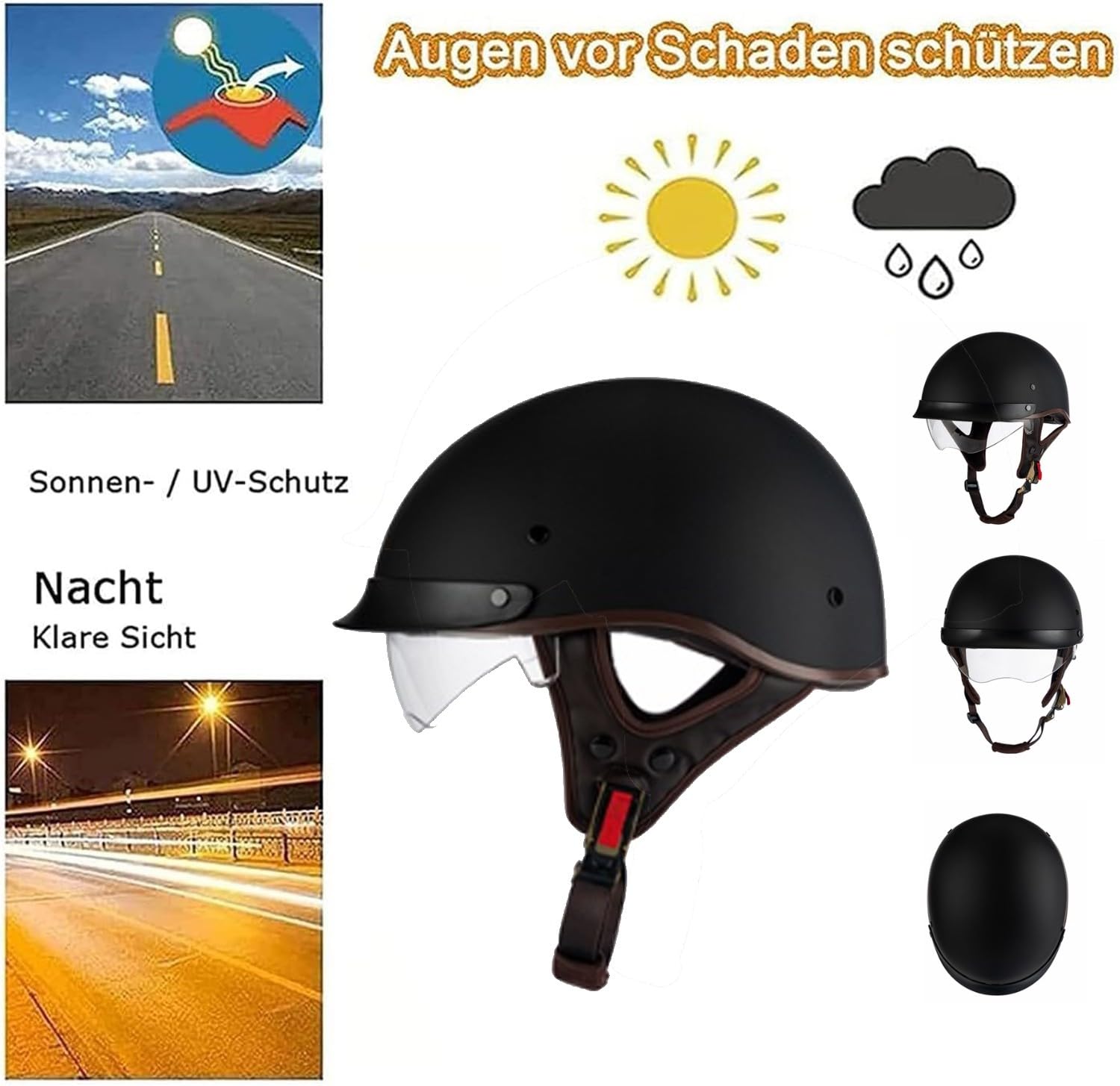 Mezzo Casco Moto Retro Certificato DOT & ECE Con Visiera Unisex Adulti