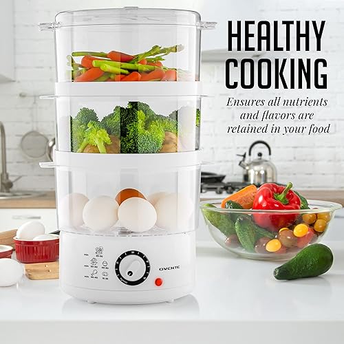 Miniatura 8 de OVENTE Vaporizador eléctrico de 2 niveles para cocinar verduras, base de acero inoxidable, cestas apilables y aptas para lavavajillas, 400 W con