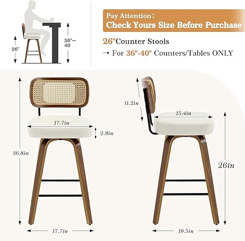 Miniatura 2 de Bekrvio Juego de 3 taburetes de bar giratorios de altura de mostrador, taburetes de bar tapizados de piel sintética con respaldo de ratán, sillas de